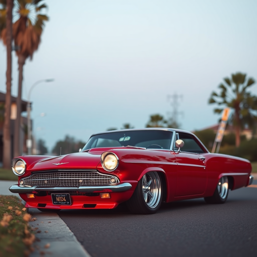 the drag car is parked on the side of the road, inspired by Taiyō Matsumoto, tumblr, restomod, nd4, c4 metallic shine candy red classic american low rider custom ford