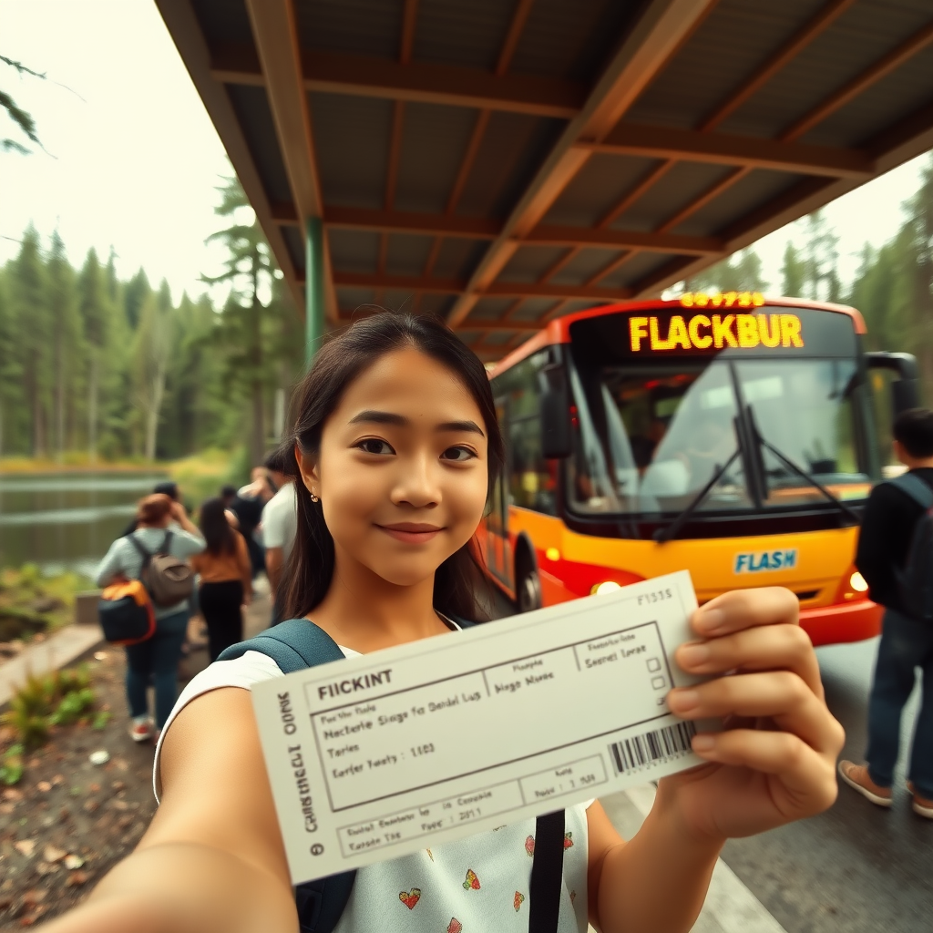 natural selfie of a girl holding up a bus ticket. She stands at a crowded bus stop near a lake in the forest. In the background, a burning bus labelled "FLASH" is speeding to the bus stop.