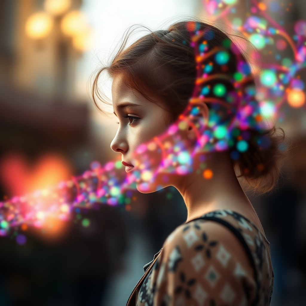 french preteen girl with aura in dynamic pose, in profile, abstract, mandelbulb fractal, dynamic composition, street photography, fractal, brilliant colors, glittering, translucent, opal, gold, sharp focus, floral, mother of pearl, iridescent, natural, glowing, Bokeh