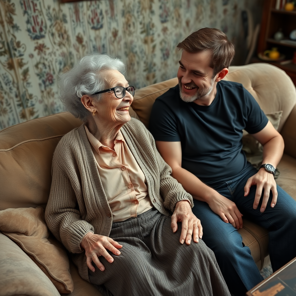 In a scene viewed from an angle and slightly above: In an old-fashioned English living room, a very frail, small and thin, very old and elderly English lady with an ugly face, kind smile, short, thinning white curly hair, wrinkled face, neck and skin, wearing thin framed glasses, an old cardigan, blouse and long skirt is sitting on a sofa with an English man about 40 years old, grey stubble on his chin, brown hair, sitting close next to her on the same sofa, wearing a black T-shirt and dark blue jeans. The man and woman are smiling at each other. The woman is looking at the man's eyes and smiling. The man is looking at the woman's eyes and smiling.