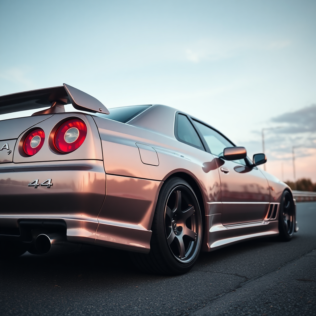 metallic shine nissan skyline r34 the car is parked on the side of the road, inspired by Taiyō Matsumoto, tumblr, restomod, nd4, c4 cold colors