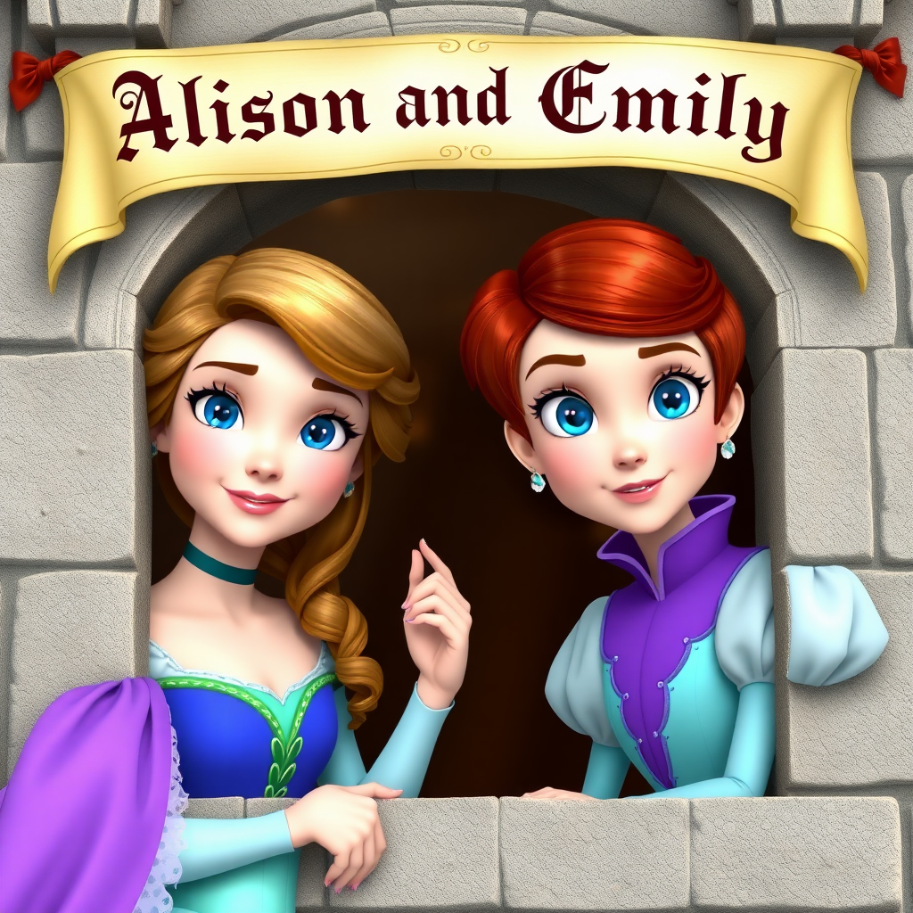 Two photo realistic princesses, one with light brown hair, blue eyes and aqua colored dress and the other with short auburn hair, blue eyes and purple dress peeking out the window of a castle with a medieval banner overhead saying "Allison and Emily."