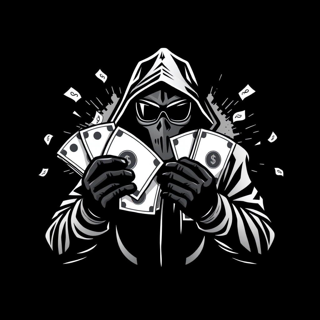 A logo art of a hacker holding lots of money. Black and white