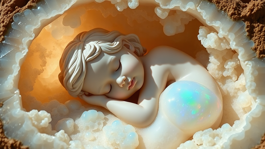 statue of a young girl made of opal sleeping in a geode, high quality photo, intricate environment, ultra-detailed, impressionistic, dynamic composition, artistic photograph, geode, alabaster, fractal, brilliant colors, glittering, sunlight, illumination, transparency, translucent, opal