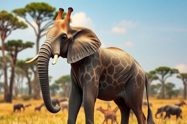 Create a full-length photorealistic image of an elephant showcasing the musculature and framework of a giraffe, while keeping its head intact, including distinct facial features. The skin should reflect the texture of an elephant, while the body has the elegant posture of a giraffe. Design the background to merge elements from both animals' natural habitats, featuring tall trees and grasslands, capturing the essence of African savannas. Ensure vibrant colors and realistic lighting enhance the scene, emphasizing the unique hybrid creature.