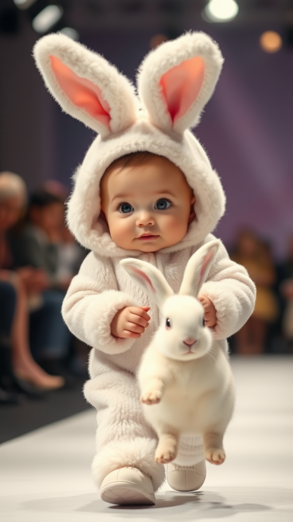 A cute small chubby fair baby with big eyes, pink lips, and pink cheeks wearing a furry cozy white rabbit costume is doing a ramp walk in a fashion show, walking with a real big white rabbit held in its hands, cinematic.