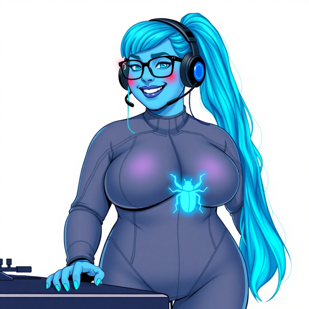 A nerdy, full-figured light neon blue glowing skinned 29-year-old computer program hybrid with a long, light neon blue glowing ponytail. She wears maximum blue lipstick and has bright blue eyes. Her outfit includes a digital, computerized, middle gray bodysuit featuring a neon blue glowing beetle chest icon. She sports a sapphire headset and black eyeglasses, with a beaming smile and neon red blush. Her full figure reflects the doting care of her vigilante boyfriend. As his tech expert, she works diligently at her lab table in their hideout. The background is solid white. She has a prominent, round, wrecking ball-sized midsection. Her proportions are bloated, expanded, and broadened to emphasize her physique. Her neon glowing light blue skin highlights her digital nature. She is drawn as if she was in a retro 2D cyberpunk fighting game.