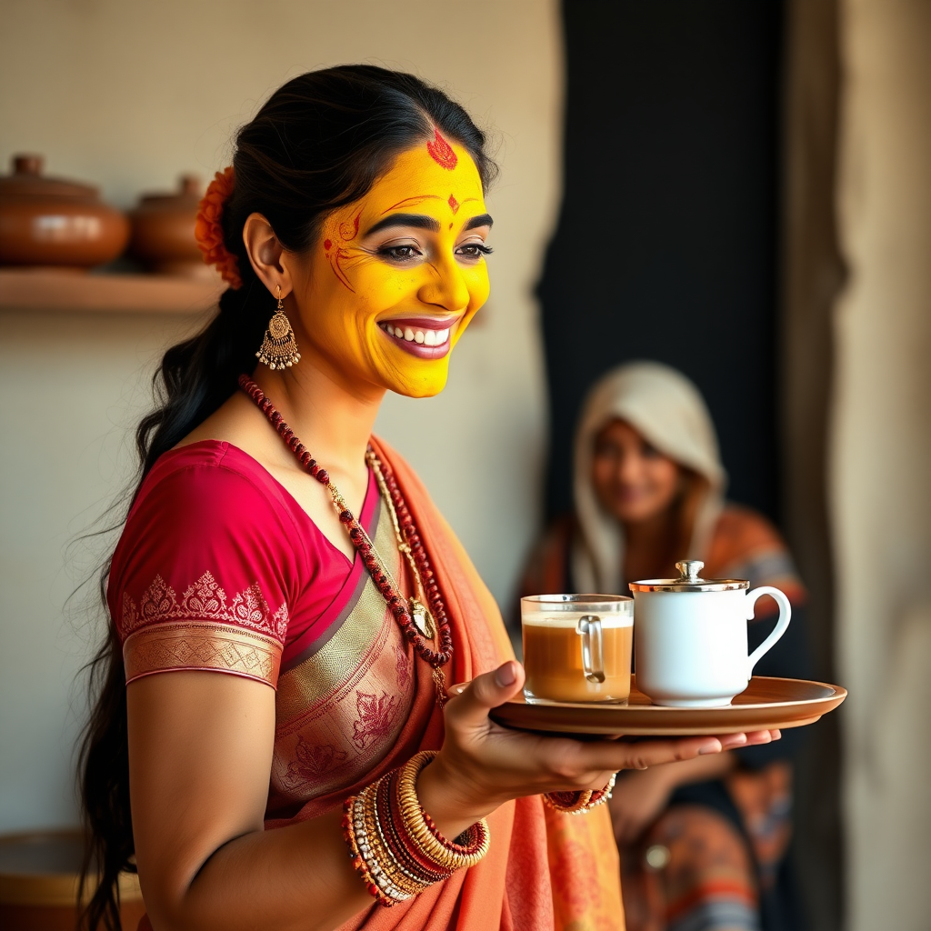 slim, 30 year old, sexy, traditional indian wife, turmeric face mask. She is smiling and serving coffee on a tray to guests.