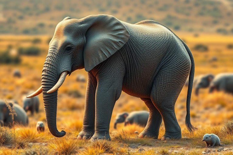 Create a full-length photorealistic image of an elephant displaying the musculature and framework of a mouse, while keeping the head fully intact, showcasing detailed facial features. The animal should exhibit a blend of thick, textured skin and soft, furry accents. The background combines elements of a natural habitat inspired by both elephants and mice, featuring a vibrant blend of grasslands and small burrows, with gentle lighting that enhances the surreal nature of the scene. Capture the essence of both animals in a harmonious yet strikingly unique composition.