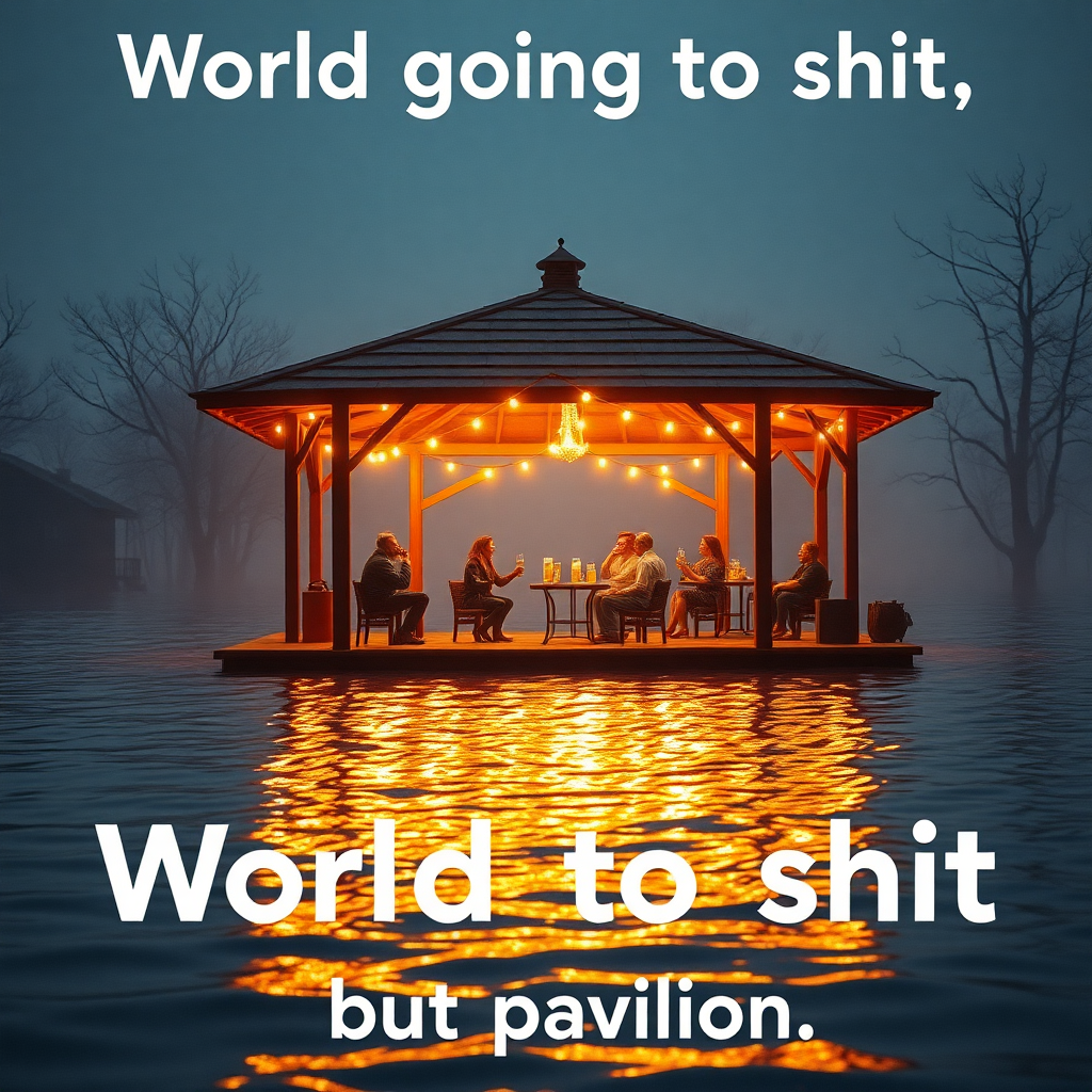 Create an image of a pavilion in a flooded environment and people comically partying on it drinking beer while the world is completely overflooded. Focus on the humoristic contrast of the situation. Include the text "World going to shit" at the top and the bottom part should have the text "but pavilion". Make the image central part of the image with warm glowing colors. Make it so the people's expressions on their faces are visible.