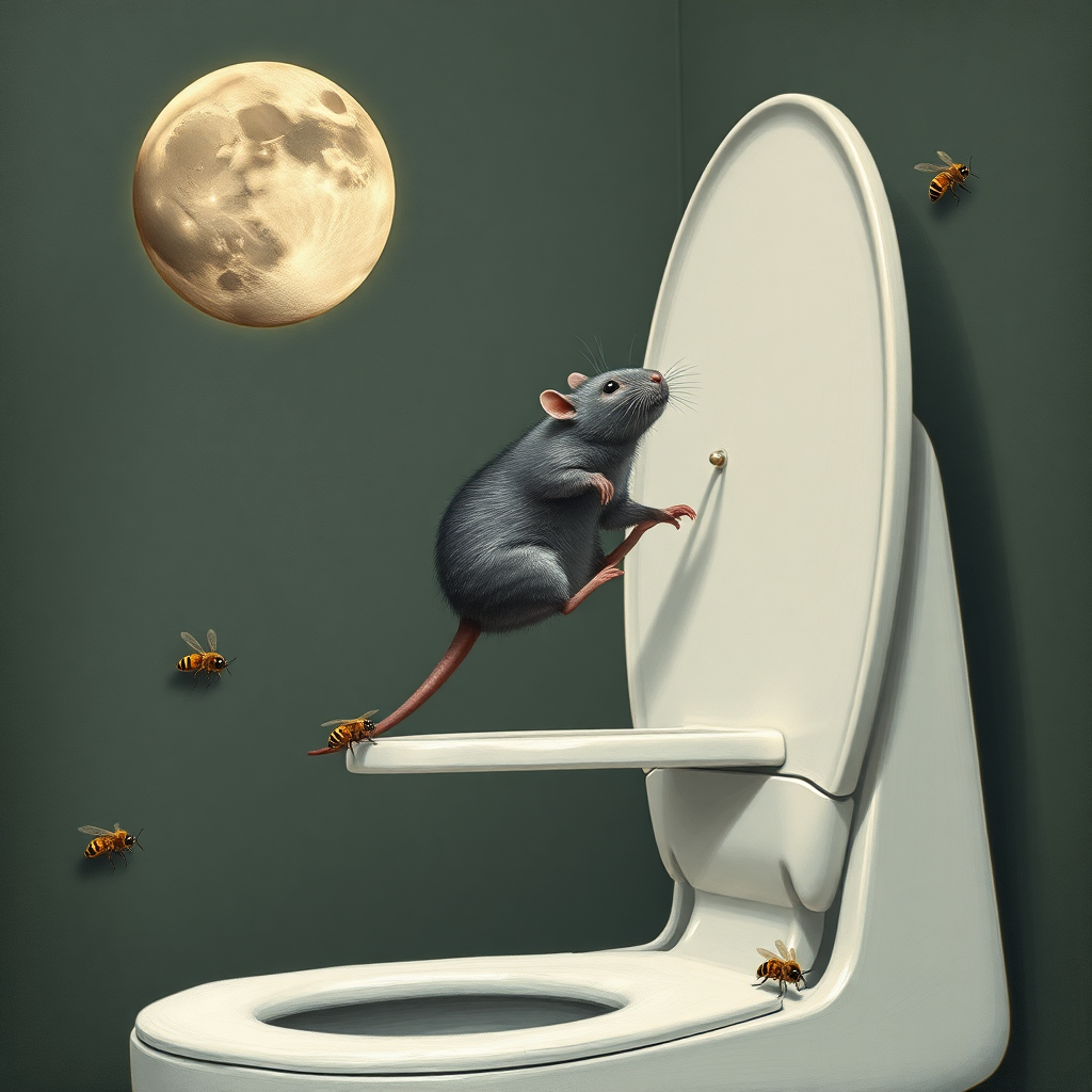 A rat diving off the moon into a toilet, bees, Mongolian