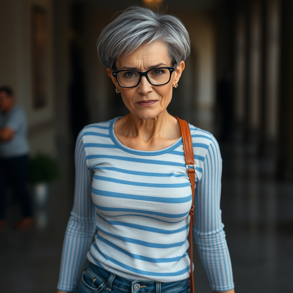 sexy Woman, 35 Years old, European, Latina, sharp aquiline nose, wrinkles, high cheekbones, Middle Eastern, Skinny, Tanned skin, Dark light skin, Makeup, Serious face, frowning, smirking, Ash dark grey hair, bowl haircut, Slicked short hair, Short hair, black eye color, Glasses, detailed features, tight whote and blue striped shirt, tight jeans, long legs, high heels sandals, White hair, walking, full body, long establishing shot