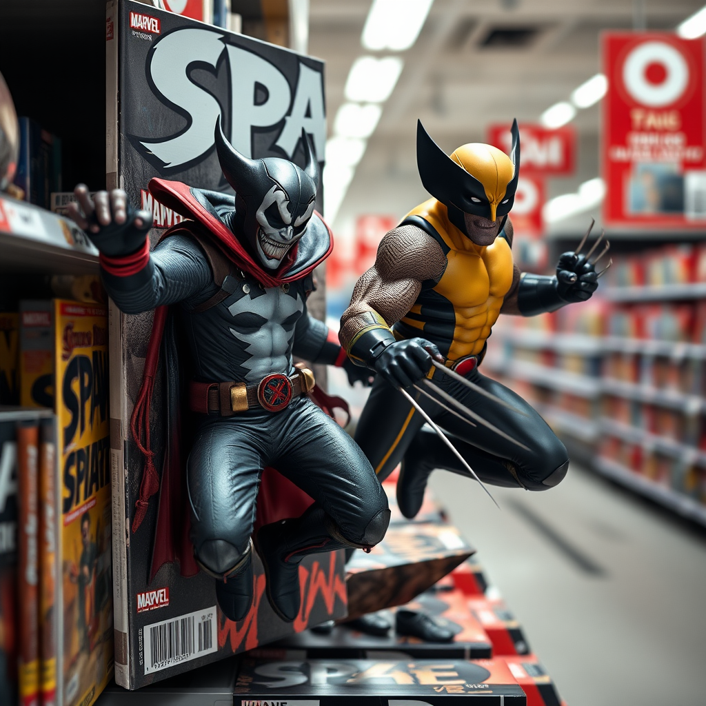 Jumping out of a Comic book cover on a store shelf is Spawn and Wolverine in Cinematic Real3D photo-realistic quality.