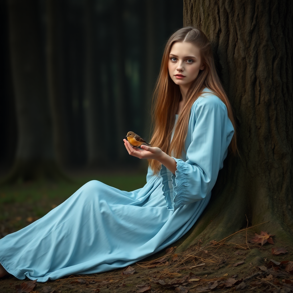 A young woman about 18 years old is sitting at the foot of a tree, wearing a light blue long dress. Her hair is light brown and flows down her back. She is holding a small bird in the palm of her hand. The background is a rather dark forest, photorealistic, high definition.