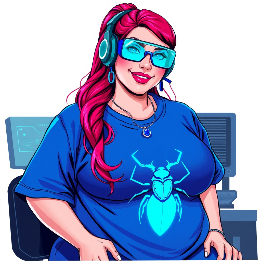 A cyberpunk vigilante’s full-figured intelligent and tech-savvy 29-year-old girlfriend, who is a computer hacker and tech genius. She has a long ruby red ponytail and bright blue eyes. She wears maximum blue lipstick, a sapphire beetle gemstone necklace, sapphire earrings, and an oversized maximum blue t-shirt featuring a neon blue glowing icon of a beetle on its chest. She has a full-figured physique with a prominent, enormous, round midsection, reflecting her well-cared-for lifestyle. She sports a sapphire headset with hi-tech maximum turquoise lensed HUD eyeglasses, and a beaming smile with a passionate bright red blush. Despite her figure and a lack of self-esteem, she radiates beauty. She has a slim face which contributes to her radiant beauty. She serves as his tech expert from his hideout, diligently working at her lab table and computer desk. The background is solid white. She is drawn as if she was in a retro 2D cyberpunk fighting game.