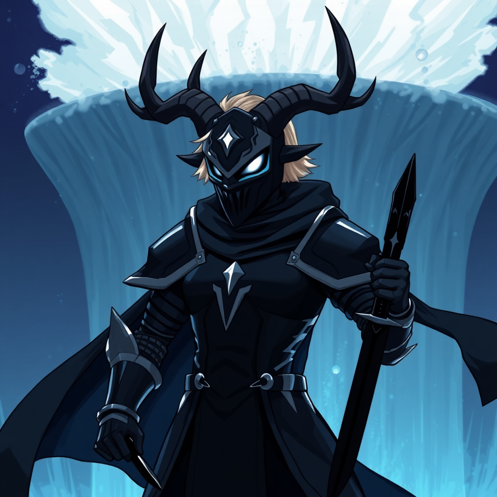 (Anime-pixel art) background of a massive dark blue-black-dark magic fountain erupting into the air, a fierce and violent knight stands poised for battle. She wears sleek, black knight armor, marked by a small white eye shaped symbol at its center, exuding an air of intimidation. Her face is obscured by a terrifying goat-like mask, with a single glowing white eye on the right, and another white eye symbol perched at the top of the mask, adding to her menacing presence.

The knight's imposing silhouette is accentuated by two large, dark-silver shoulder guards that gleam ominously in the darkness. Draped behind her is a flowing dark-blue cape that billows dramatically, hinting at her formidable power. Atop her head, two impressive deer antlers rise on each side of her head, further enhancing her fearsome appearance, while her short, tousled blonde hair peeks out from beneath the mask. She is holding in her right hand a black knife with black-dark magic.

This is the Roaring Knight, known as Mayor Holiday from Deltarune, captured in a striking full-body view that highlights both her ferocity and enigmatic allure.