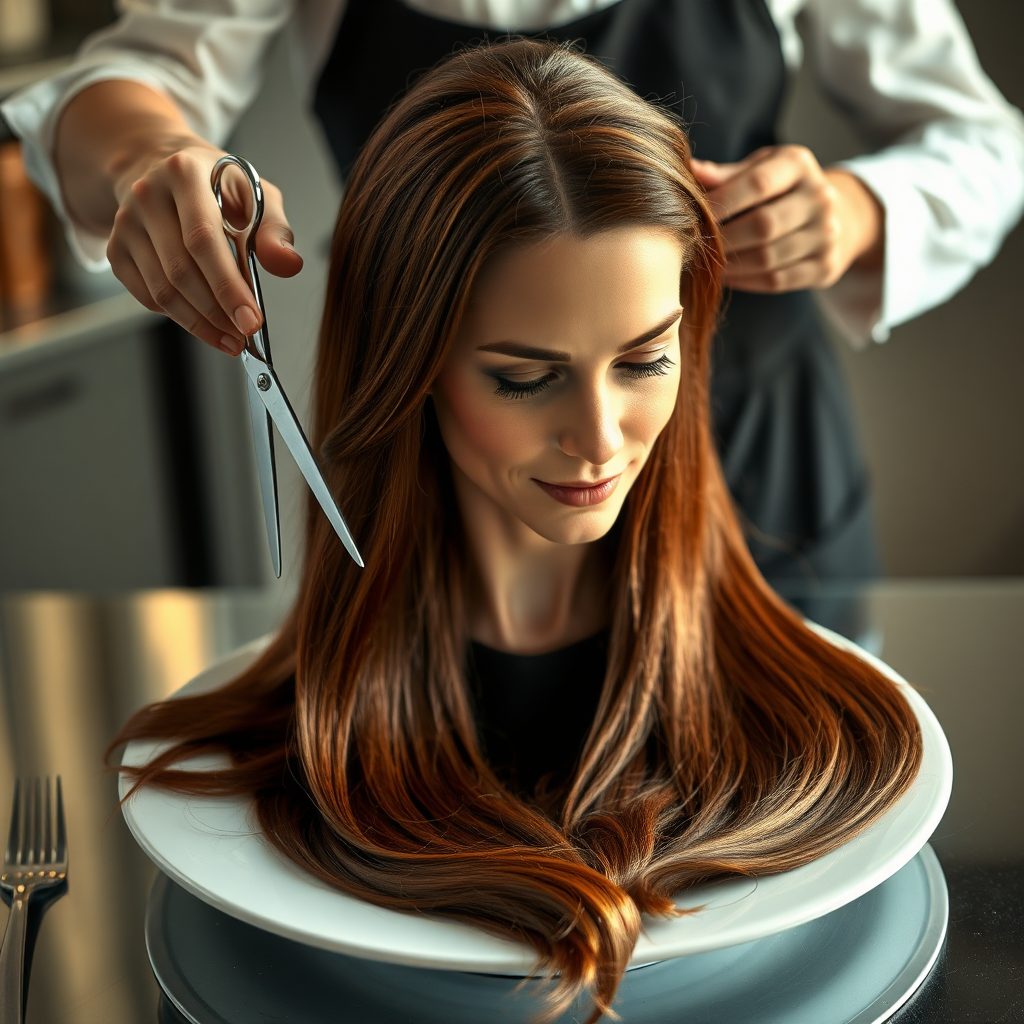 In a bizarre, surreal tableau, the polished surface of an elegant dining plate cradles the disembodied head of a strikingly beautiful Kate Middleton, her long, flowing hair cascading like a glossy waterfall of deep chestnut and honey highlights. The hair is luxuriously arranged, strands shimmering under the soft, ambient light that bathes the scene in an ethereal glow.

A skilled hairdresser, clad in a sleek black apron, stands poised with a pair of gleaming scissors, carefully trimming the endlessly luxurious locks that frame Kate's serene, almost ethereal features. The air is thick with the scent of salon products mingling with delicate hints of floral fragrances, creating an unusual yet strangely inviting atmosphere. The hairdresser's focused expression reveals a meticulous dedication as snippets of hair fall gracefully onto the pristine plate, echoing a sense of both artistry and absurdity.

The overall emotional tone conveys a dreamlike quality, inviting viewers to ponder the juxtaposition of beauty, identity, and the bizarre circumstances that bind them in this extraordinary moment.