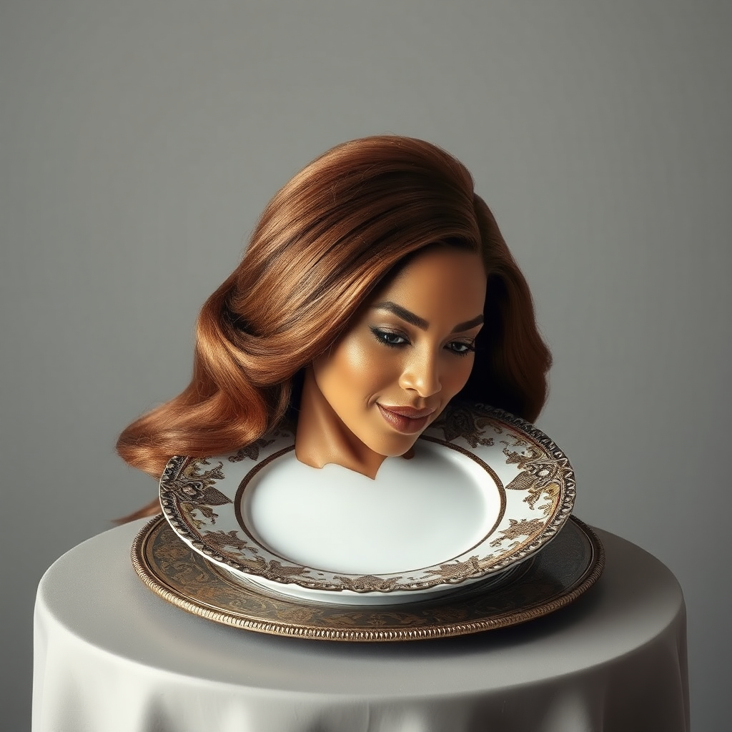 In a surreal and striking scene, the elegantly styled disembodied head of a stunningly beautiful Beyoncé rests gracefully on an ornate, luxurious plate, which is carefully placed on a simple, understated table. Her very long, flowing hair cascades like a rich waterfall of silky, rich brown locks, framing her exquisite face and accentuating her radiant, flawlessly glowing skin. The delicate contours of her chin rest lightly against the polished surface of the plate, lending an unexpected intimacy to the bizarre presentation.

The background is a muted, plain gray, casting an air of modern minimalism that contrasts dramatically with the lavishness of her appearance. Soft shadows play across her features, highlighting the subtle high cheekbones and perfectly shaped lips, which seem poised for a soft smile. The atmosphere feels both elegant and eerie, inviting intrigue and contemplation as viewers are drawn into this surreal artistic tableau, where beauty and the absurd collide in unexpected harmony.