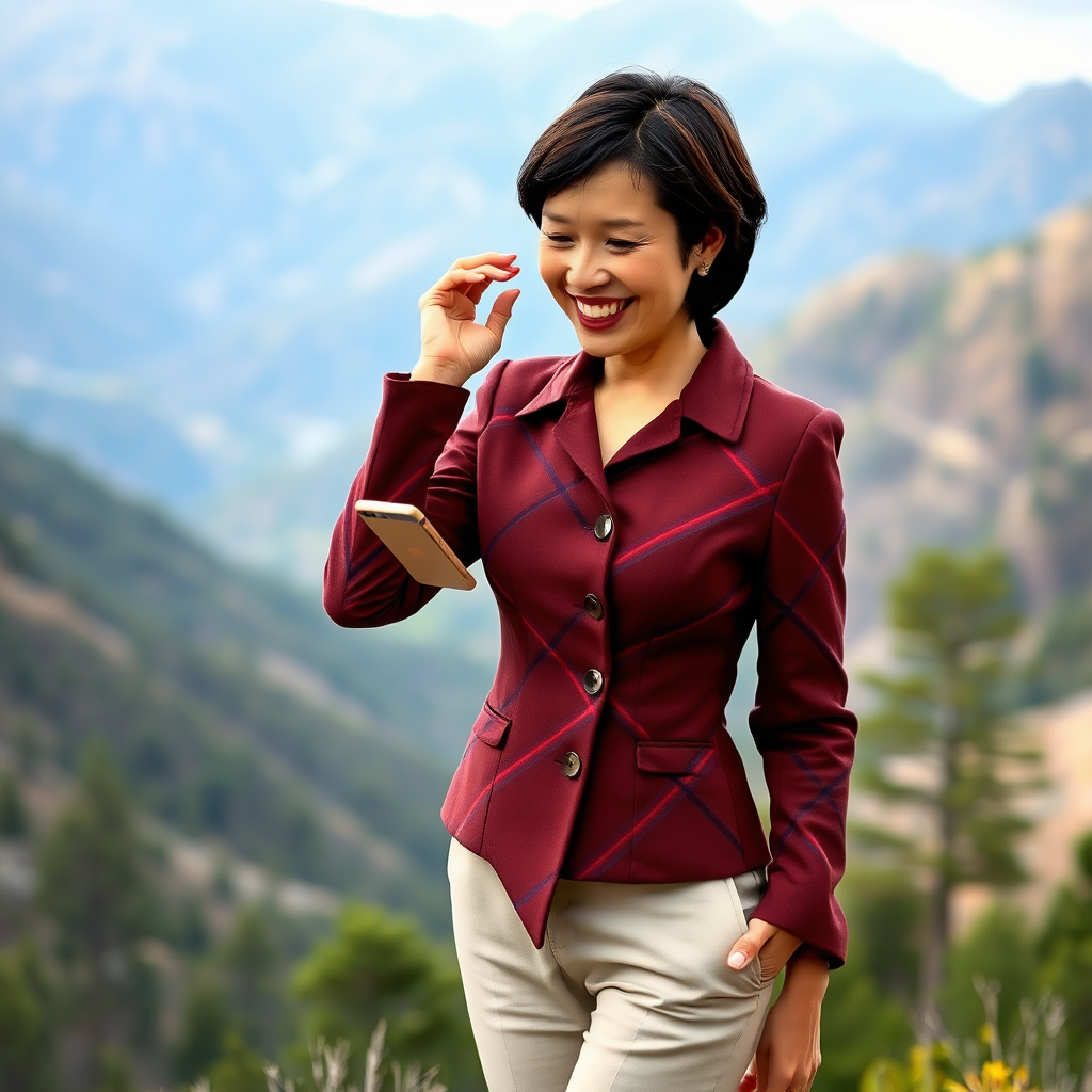 This photo shows a woman standing outdoors, possibly next to the mountains in Tibet, China. The woman appears to be in her late 30s to early 40s and has short, dark brown hair that is neatly and professionally styled. She is wearing a fitted, long-sleeved jacket that is a rich reddish-brown color with a geometric pattern of blue, red, and black lines. The jacket has a collar and large, round buttons on the front. She is also wearing beige pants, which may be matching. Her makeup is delicate, with red lipstick and light eye makeup, which further highlights her bright smile and cheerful expression. She holds a smartphone in her left hand, looking at it with a delighted expression, and gently touches her hair with her right hand. The background is full of endless mountains with many green trees, and the overall picture is very tense.