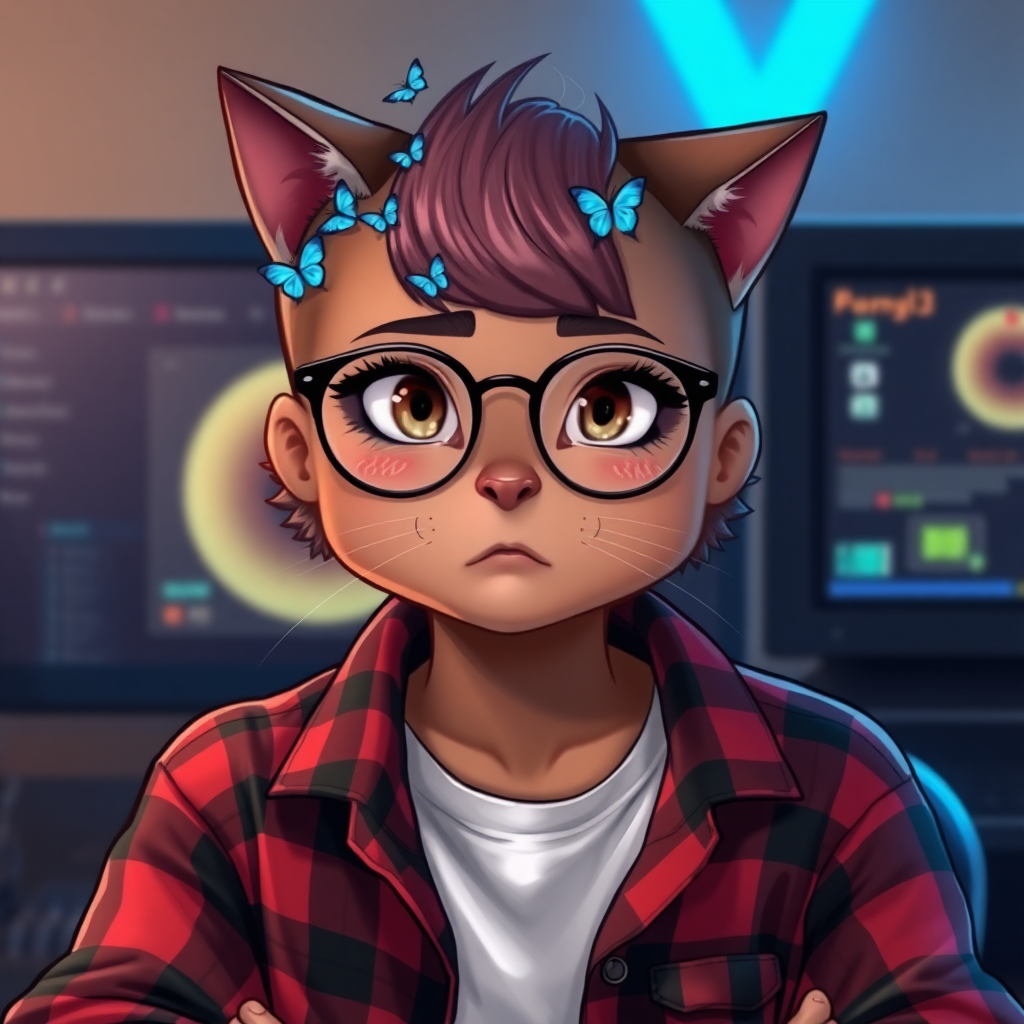 female lesbian cat-man with no breasts/flat chest, serious brown color with small blue butterflies on the head, a round head, with a mauve undercut hairstyle, hazel eyes, dimples on the cheeks, chubby cheeks, wearing semi-round glasses, a red and black checkered open shirt with a white t-shirt underneath, in front of a gaming PC, in digital art.