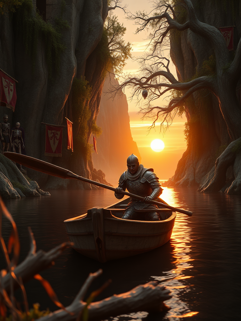 A photorealistic epic cinematic film still of a knight, his armor dented and bloodied, leaning against a rough-hewn wooden oar in a small, battered boat. The boat is adrift on a river, the water a dark mirror reflecting the fiery sunset. The river winds between towering cliffs, their faces scarred with overgrown ruins and draped in thick vines. Trees gnarled with age cling to the cliffs, their branches heavy with hanging skeletons and weathered warrior armor. The ruins are a testament to a past war, and the air hangs heavy with the scent of decay. Zombie knights, their bodies wracked with dark green mystical energy, can be seen lurking in the shadows of the cliffs. The sun, a fiery orb, hangs low on the horizon, casting long shadows across the scene as the river slowly spills out into the ocean beyond the cliffs. There is a sense of epic struggle and the weight of history in the air. some foreground dead logs and twigs foliage out of focus