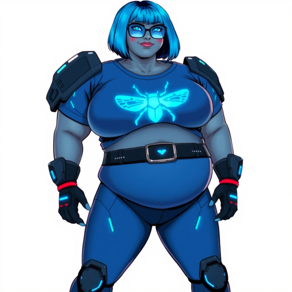 A 28-year-old, full-figured, middle gray skinned computer program hybrid with a maximum blue bob cut. She has a non-athletic build, highlighted by a prominent, round, large midsection (with emphasis on her belly), which shows the aftermath of her pampering. As the heavily pampered digital sidekick to her cyberpunk vigilante boyfriend, her middle gray metallic skin and maximum blue lipstick emphasize her digital nature. She wears a digital, computerized costume inspired by DC’s Carrie Kelly Robin, consisting of a huge, tight-fitting, maximum blue t-shirt with a neon blue glowing chest icon of a beetle, hi-tech shoulder pads with neon blue accents, a black hi-tech belt with a digital neon blue glowing buckle, digital maximum blue biker pants with neon blue accents, and black hi-tech fingerless biker gloves with neon blue glowing accents. Her neon blue glowing eyes, black eyeglasses with a neon blue glowing HUD built into the lenses, and shy smile with neon red blush accentuate her nerdiness. She stands bashfully with her hands behind her back, her costume covering all her skin and emphasizing her full-figured physique (especially her belly). She is clearly non-athletic, with a focus on her full-figured physique. Despite her build, she radiates beauty. She has a slim face compared to her physique, accentuating her radiant beauty. She is on a solid white background. She is drawn as if she were in a retro 2D cyberpunk fighting game.