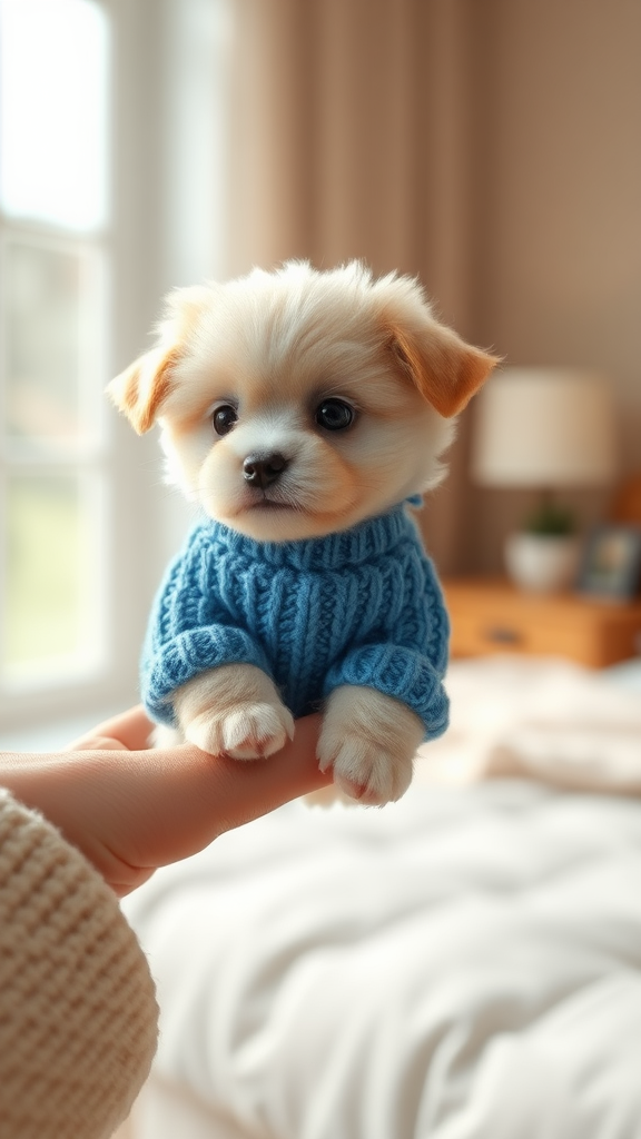 For creating a prompt to generate an image like the one you've uploaded, here's a detailed prompt for the tiny puppy:

Prompt for Art Generation: "Create an ultra-realistic, high-definition image of a miniature fluffy puppy. The puppy should be incredibly small, fitting perfectly in a person's fingertips. It should have soft, cream-colored fur with big, round, expressive black eyes. The puppy is wearing a blue knitted sweater, giving it an extra cute and cozy look. The setting should be a soft, cozy bedroom with a neutral palette, blurred in the background to highlight the adorable tiny puppy. Ensure the image captures the puppy’s cuteness and the softness of the setting, with soft lighting coming through a large window in the background."