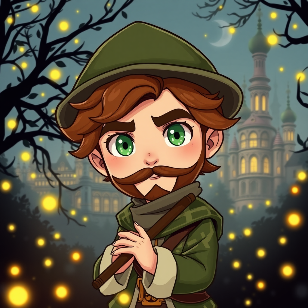 Create a detailed Chibi-style image of a 25-year-old white man. Its eyes are green in color. Her hair is slightly wavy and bold in a coppery brown tone, with a Robin Wood-style hat. He has masculine features and his countenance is strong. He wears a moss green and white flutist style outfit. He has a beard and mustache. It's in the middle of a dark forest, lit by fireflies that glow softly. In the background, a city with fantastic architecture, giving a magical touch to the scene. The image must have an chibi style, capturing every detail with precision and 8k quality. Looks like a photograph." Chibi. 25 years old. . Beautiful. Beautiful. Chibi. Beautiful appearance.