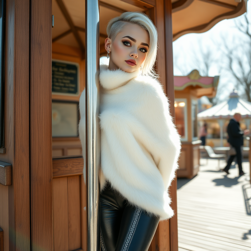 Amusement park wooden “kissing booth”, sunny spring Sunday morning. Sam, 19 years old beautiful involuntary femboy, rebellious intractable character, petite boyish figure, platinum blond boyish rebel punk hairstyle, flawless heavily made-up face with sharp arched tattooed eyebrows, wearing Supertanya-style fluffy very fuzzy bright white angora thigh-length turtleneck-poncho fully covering body and arms, silver-glitter leggings, black leather high-heeled pumps, silver earrings, both hands tied to pole behind back, standing inside kissing booth, waiting for next customer to kiss. Focus on Sam’s face and turtleneck-poncho.