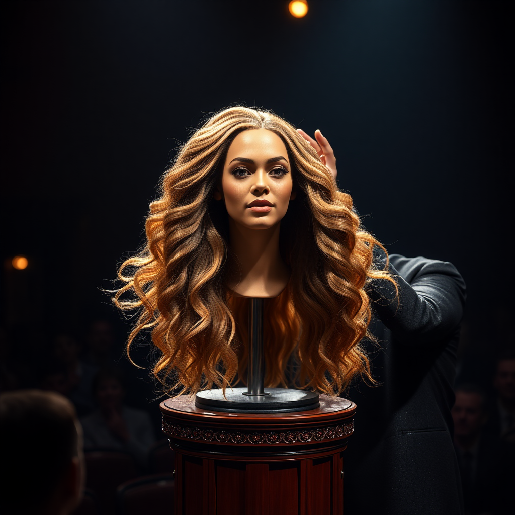 In a dimly lit theater, the atmosphere crackles with anticipation, the audience's murmurs a blend of curiosity and skepticism. On a grand, elegantly adorned display stand sits the disembodied head of the enchanting Beyoncé, her radiant skin glistening under the soft, warm glow of the spotlight. Her striking features are perfectly framed by cascading locks of lustrous, very long hair that shimmer with hues of light brown and hints of rich mahogany, reminiscent of polished silk.

Standing beside her is the magician, a charismatic figure in a sharp, tailored suit that glints with sequins in the light. With theatrical flair, he holds her voluminous hair aloft, fingers splayed wide, deftly spreading it out like a shimmering waterfall, mesmerizing the audience. The hair flows like liquid night, each strand capturing the light as it falls gracefully to the ground, creating a stunning, almost surreal contrast against the stark wooden stage.

The magician’s face is lit with a confident smile, his eyes sparkling with the thrill of the performance, as he engages the audience with playful banter. Their gasps and laughter echo throughout the room, a symphony of wonder and disbelief. The scent of polished wood and fresh popcorn wafts through the air, mingling with the underlying electricity of the moment. Time seems to stand still as the audience leans in, captivated by the spectacle, a seamless blend of illusion and artistry that promises to defy reason and ignite imagination.