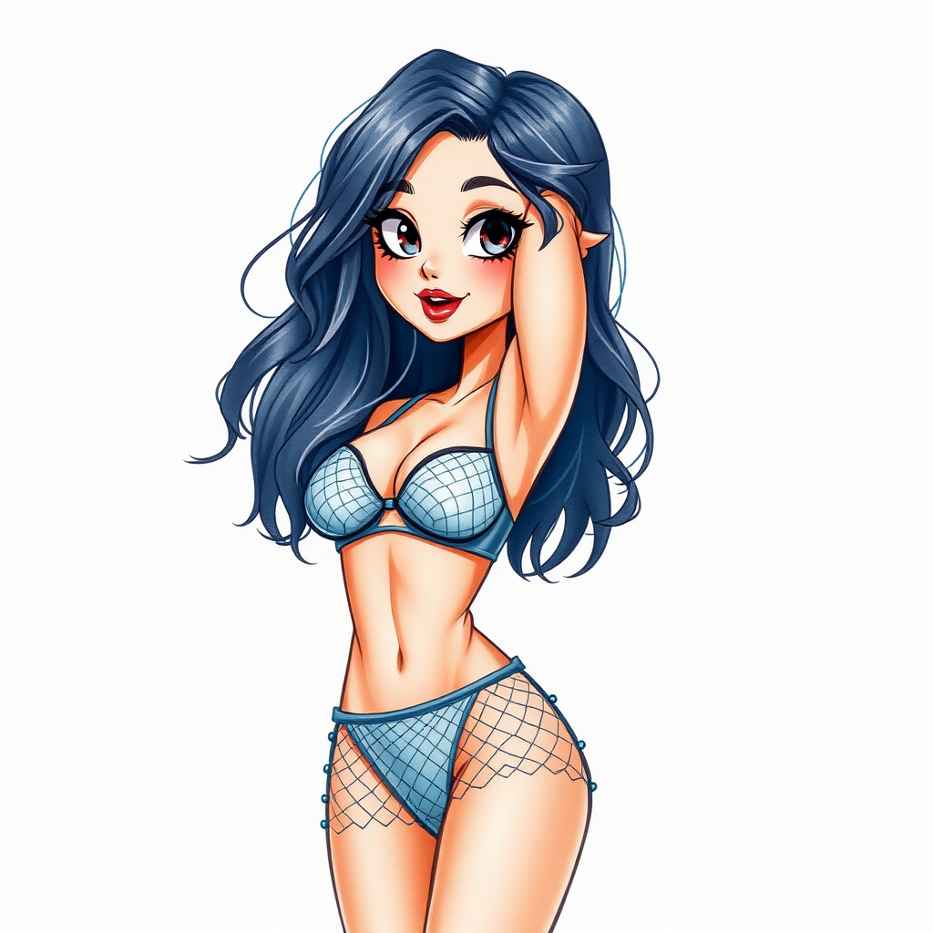 digital watercolor painting illustration with realistic paper texture, depicting sexy cartoon girl in mesh lingerie