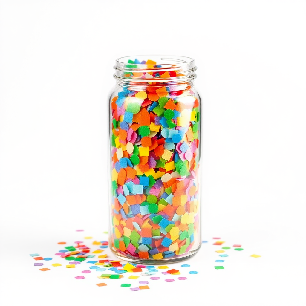 long vertical glass jar full of colorful confetti, white background, realistic, beautiful