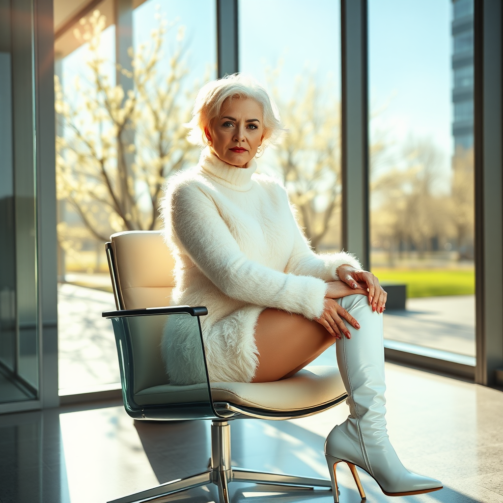 Sunny spring morning, modern glass-steel-concrete office, sitting on glass chair at wall, waiting for the master: Ana, European 70 years old very convincing femboy “trophy-bimbo”, tamed servile docile, very beautiful feminine flawless face, rather short boyish figure, platinum blond short tight curls, bold red lips, heavily made-up face, long French nails, wearing Supertanya-style chunky fluffy very fuzzy bright white plushy mohair figure-hugging turtleneck-knitdress with white pearl decoration, white vinyl thigh-high boots with golden heels, pearl earrings, serious, leaning forward presenting her assets, arrogantly looking at camera.