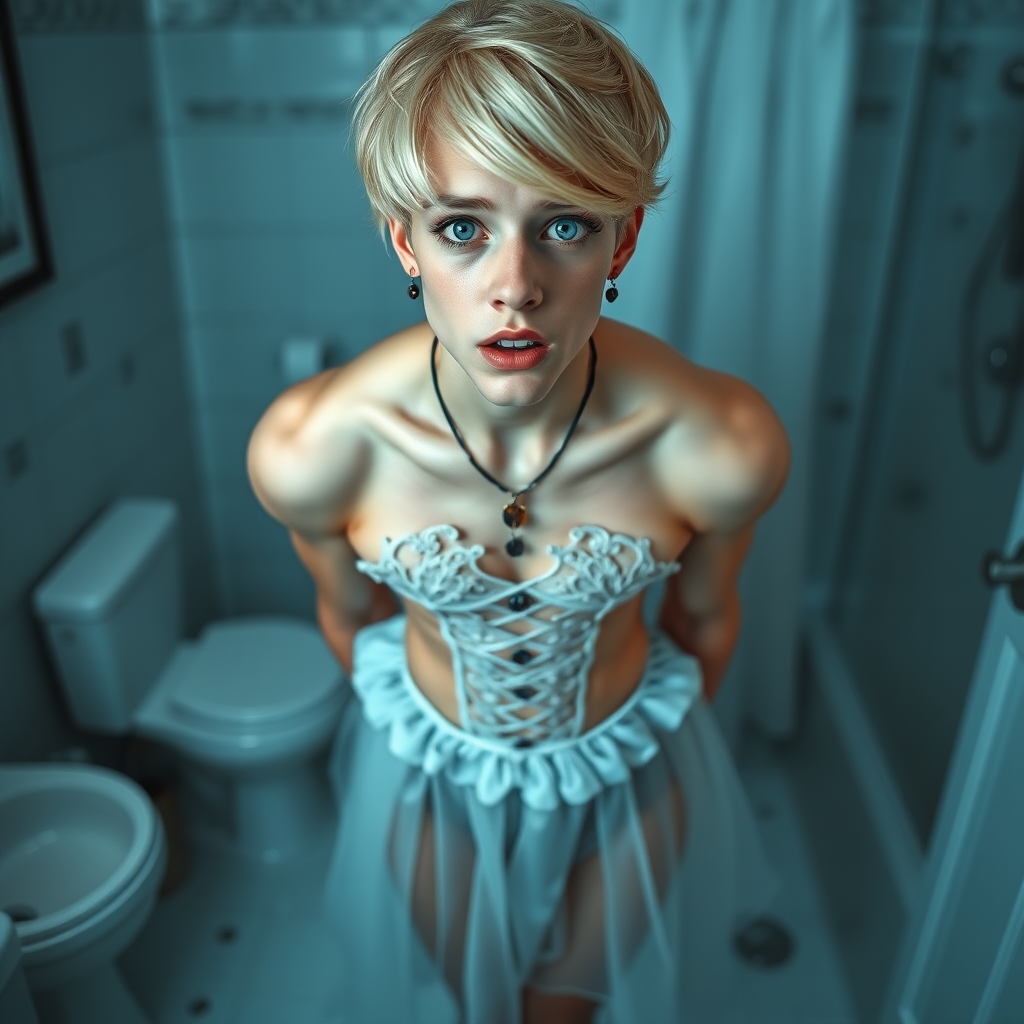 photorealistic, ultra high resolution, 16K, surreal fantasy, soft studio lighting, Caleb Swift is a pretty 16 year old goth male, slim male physique, blonde hair, blue eyes with enlarged pupils, goth makeup, earrings, fairy princess gown, sheer pantyhose, standing on the floor of the bathroom, excited mouth, full body front view of Caleb facing the camera.