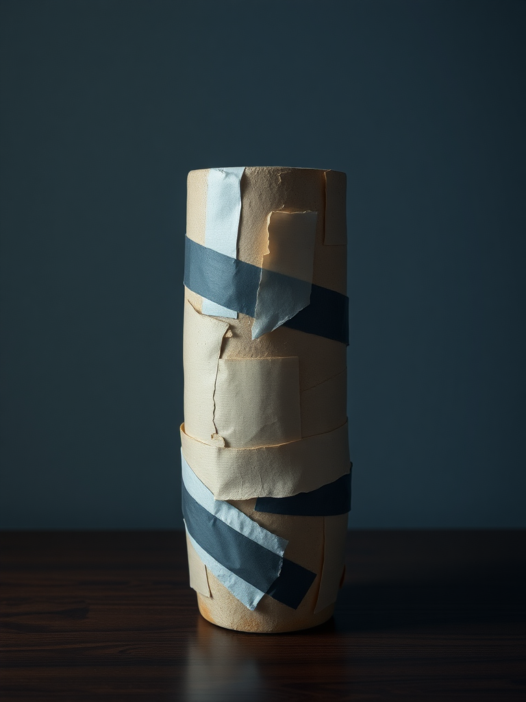 ceramic vase in pieces glued with duct tape, in soft dark colors, cold aura