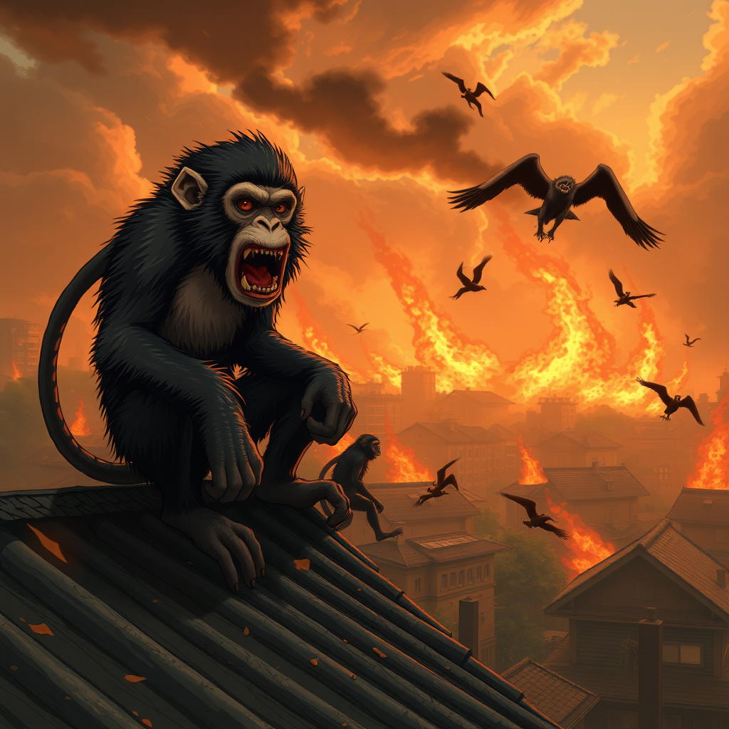 ANIME STYLED., GENERATE MONKEY DOOMSDAY, CITIES ON FIRE, HUMAN DEAD CORPSES ABLAZE, Big to small VISCOUS INSANE MONKEYS EVERYWHERE!! THEY ARE CRAWLING ON ROOFS, POOPING, DESTROYING, EATING, THROWING DYNAMITES