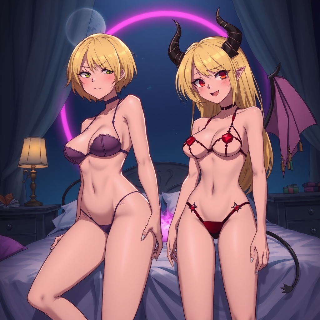 Anime, bedroom background at night, 2 mischievous tall-slender thicc demon women 1 is naked, short blond hair, wearing sexy-micro bikini-bra-like clothing, 1 of them is complete naked she has long-blond hair and is wearing no bra but-red-gem tit covering her naked breast and a micro-g-string, red-lips, g-string, Womb tattoo on belly, mischievous smile, large breasts, full body, long legs, near them is a vulva-shaped pink portal