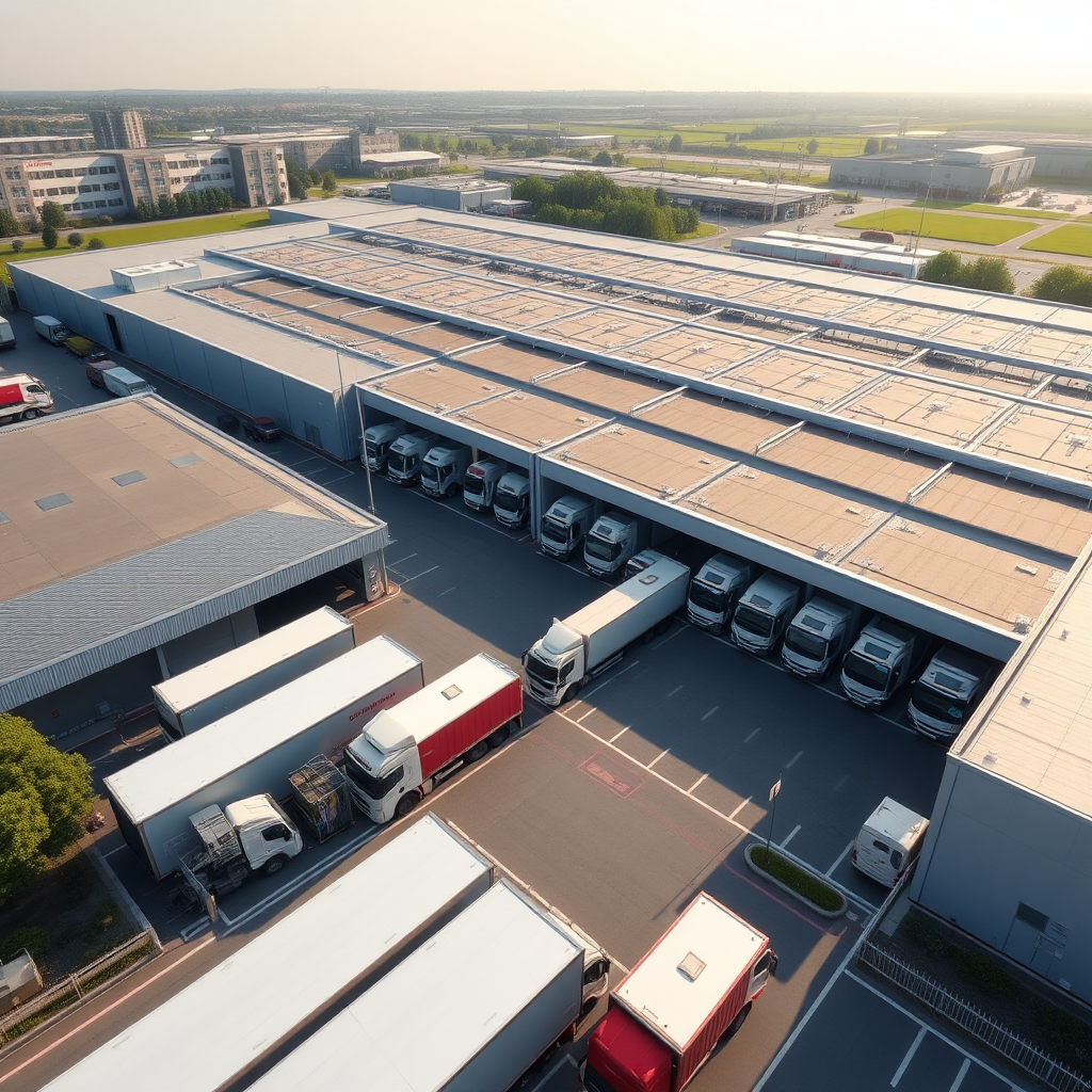 Modern logistics center 20,000m², with truck docking, from a bird's eye view.