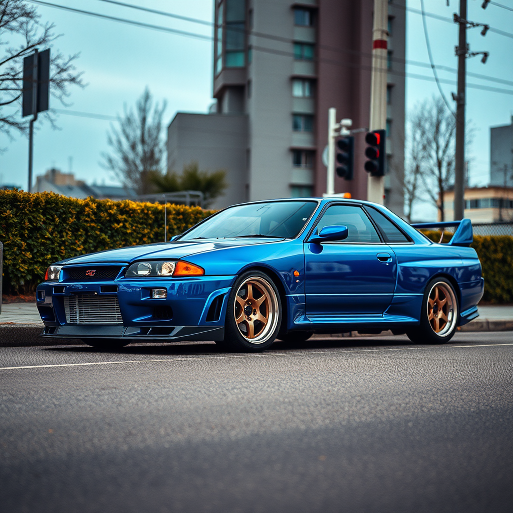 the car is parked on the side of the road, inspired by Taiyō Matsumoto, tumblr, restomod, nd4, c4 metallic shine nissan skyline r34 kalabalik tokyo gece arkaplan