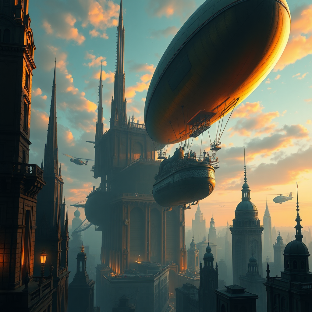 Brutalism Bioshock style city with flying zeppelin