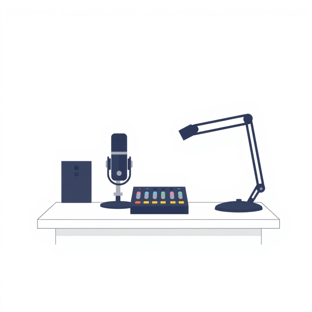 A minimalist, flat design illustration of a podcast setup. The image should include a microphone, headphones, and a sound mixer on a simple desk or tabletop. The background should be a plain, neutral color like white, gray, or light blue. The overall style should be clean, modern, and visually appealing as a generic stock image for podcasting.