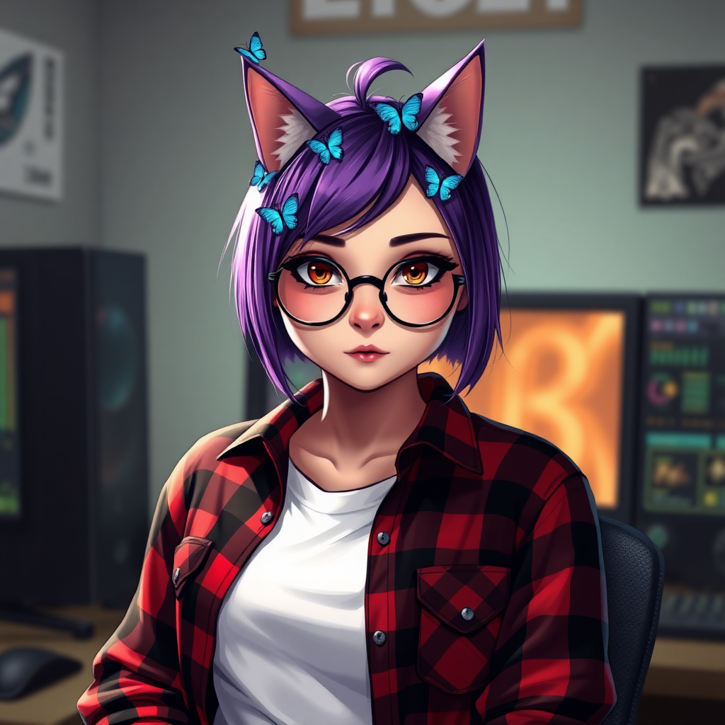 female lesbian cat-man flat-chested serious chestnut color with little blue butterflies on top of the head, a round head with a purple undercut hairstyle, hazel eyes, dimples on the cheeks, chubby cheeks, wearing semi-round glasses, a red and black plaid shirt open over a white t-shirt, in front of a gaming PC desk, in digital art