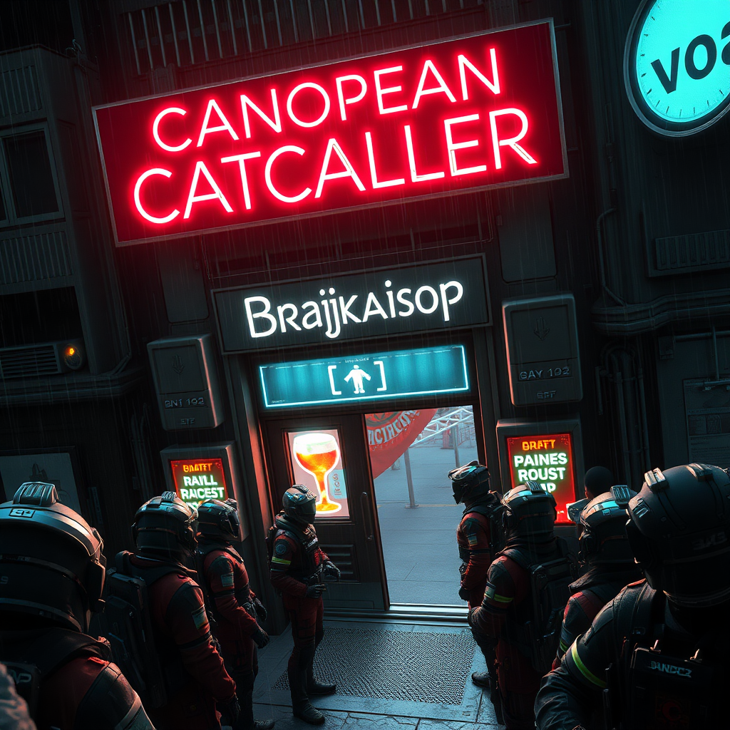 Overhead shot of a crowd of pilots gathering in front of a bar in a futuristic mechwarrior city. Sign with "Canopean Catcaller" in neon above the door. Night, raining, realistic, lens flare. Advertisement for a drink called "Brajkaisop".