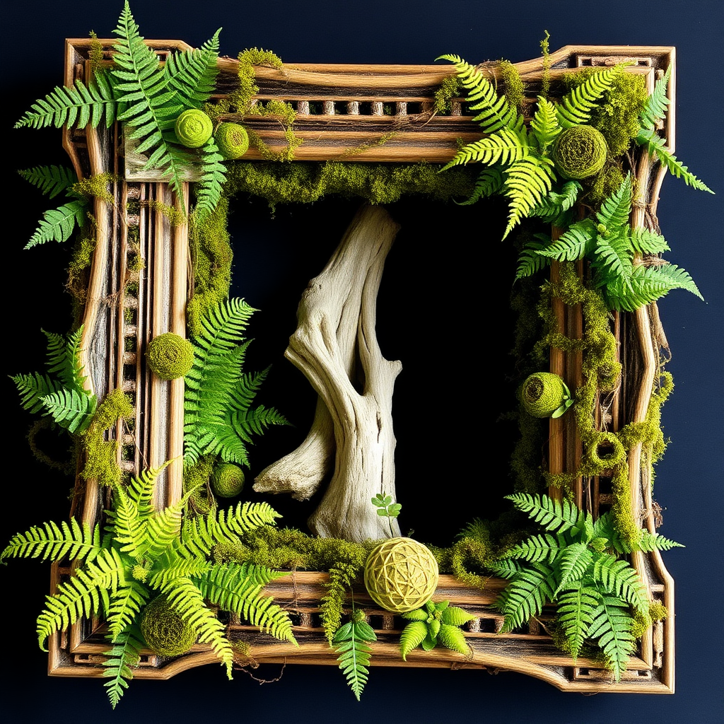 A picture frame is filled with ferns and moss, with a piece of driftwood standing in the middle.