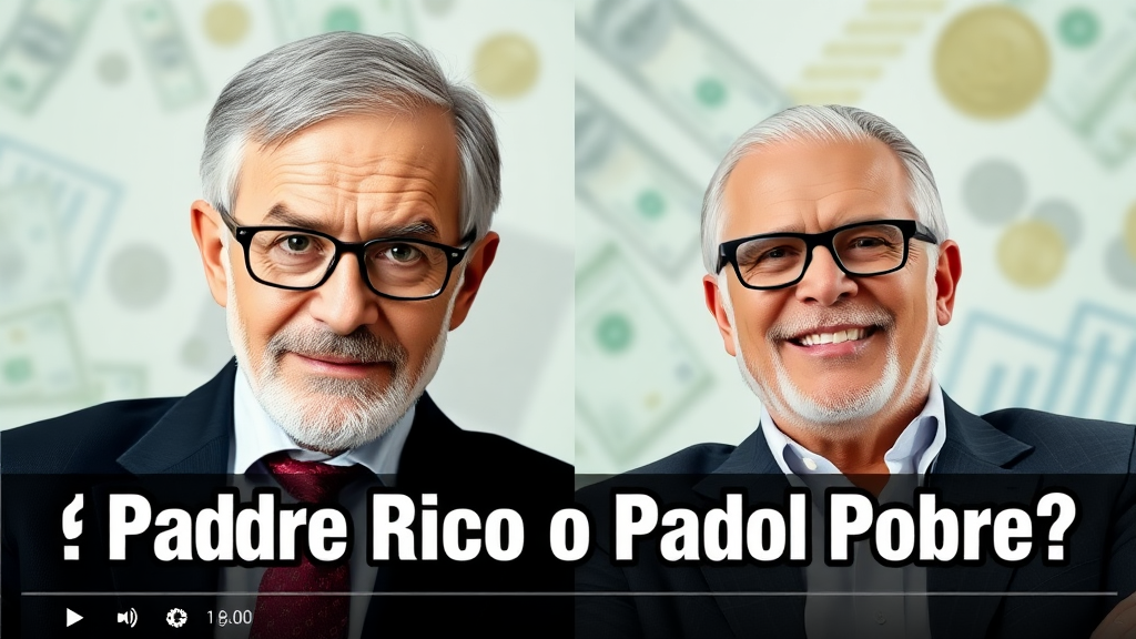 Design a YouTube thumbnail for a video about the book 'Rich Dad, Poor Dad', focusing on financial lessons. The thumbnail should show two contrasting images of father figures—one representing traditional views on money (serious, formal), and the other symbolizing wealth-building strategies (relaxed, confident). Use a split-screen style to emphasize the contrast. Include bold, minimal text that says: '¿Padre Rico o Padre Pobre?' in large, clear font. The background should include elements related to finance like cash, coins, or graphs, without overwhelming the viewer. The tone should be motivational, engaging, and educational.