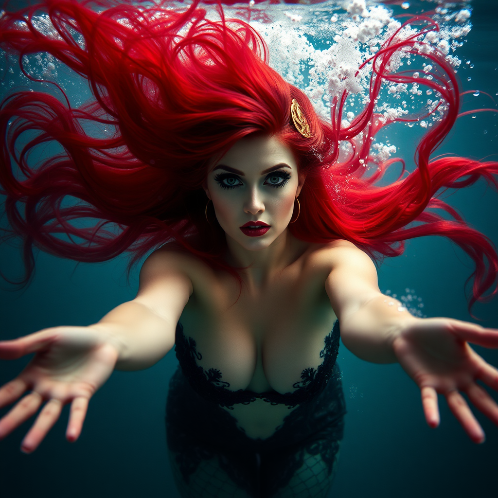 Vampirella as a mermaid underwater, hair floating in a nimbus around her beautiful face, her arms outstretched towards the viewer, and she's looking down into the viewer's eyes, making intense eye contact. Diaphanous. Real DSLR HD Photography. Burlesque.