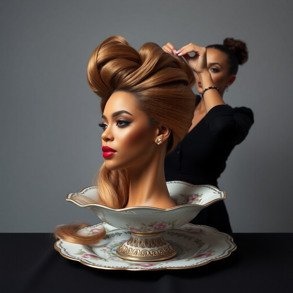 In an avant-garde tableau, a strikingly beautiful, disembodied head of a fashion icon reminiscent of Beyoncé rests elegantly on an ornate, vintage plate, its delicate china adorned with intricate floral patterns. Her long, luscious hair cascades down, shimmering like molten gold, while each strand catches the light, creating a halo effect around her perfectly sculpted features. Her chin rests gracefully on the edge of the plate, accentuating her strong jawline and full, inviting lips, which are painted with a bold crimson hue. 

Behind her stands a dedicated hairdresser, dressed in chic, all-black attire, exuding a sense of calm concentration as they skillfully gather the flowing locks. The hairdresser’s fingers move deftly, weaving her hair into an impressive, towering updo reminiscent of a regal crown, adding height and drama to the surreal scene. The atmosphere is imbued with a quiet intensity, and the air is rich with the scent of high-end hair products—a blend of floral notes and smooth vanilla.

The background is a plain, muted gray, providing a stark and minimalist canvas that amplifies the surrealism of the arrangement, allowing the viewer to focus entirely on the exquisite details and craftsmanship at play. The contrast between the opulence of the subject and the simplicity of the setting creates a captivating visual narrative, engaging the viewer's imagination and inviting deeper reflection on themes of beauty and identity.