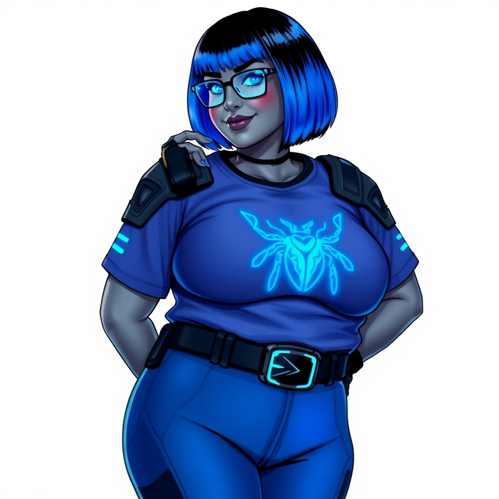 A 28-year-old, full-figured, metallic middle gray skinned computer program hybrid with a vibrant maximum blue bob cut. She has a non-athletic build, highlighted by a prominent, round, large midsection (fully emphasizing her round large belly) while being covered by her large t-shirt, reflecting her new junk food eating habits influenced by her boyfriend. As the full-figured, nerdy, digital sidekick to her cyberpunk vigilante boyfriend, her middle gray metallic skin and maximum blue lipstick underscore her digital essence. She dons a digital, computerized outfit: a large, tight-fitting, high-tech, maximum blue t-shirt with neon blue glowing beetle themed accents complete by a giant neon blue glowing beetle icon on the chest, hi-tech shoulder pads with neon blue accents, a black hi-tech belt with a digital sapphire beetle buckle, digital maximum blue pants with neon blue accents, and black hi-tech gloves with neon blue glowing accents. Her neon blue glowing eyes, black eyeglasses with neon blue lenses equipped with a built-in HUD, and shy smile with neon red blush highlight her nerdiness. She stands bashfully with one hand behind her back and the other gently touching her cheek, her outfit covering all her bare skin and fully emphasizing her full-figured physique (especially her large belly). She is clearly non-athletic, with a heavy focus on her full-figured physique (with full emphasis on her large belly). Despite her build, she radiates beauty. Her slim face contrasts with her physique, accentuating her radiant beauty. She is set against a solid white background. She is drawn as if she were in a retro 2D cyberpunk fighting game.