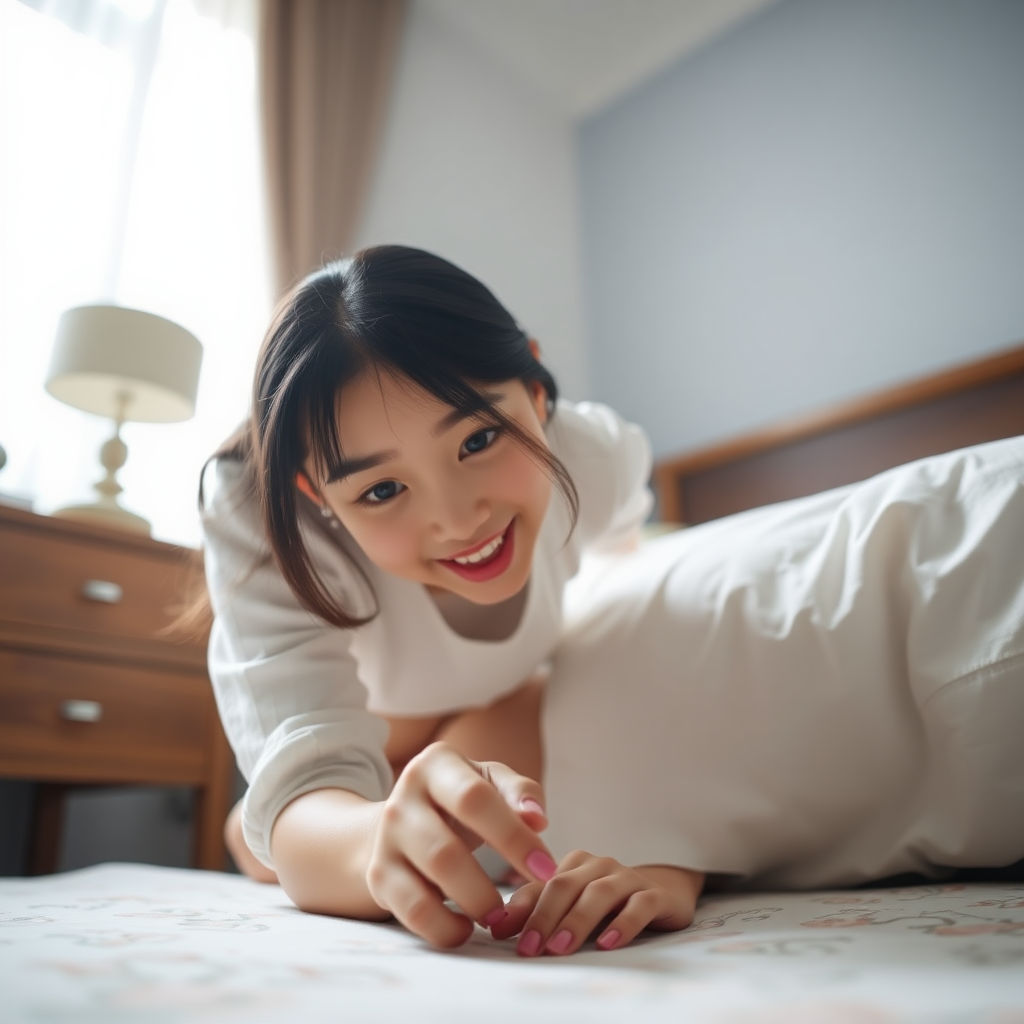 Photo low angle full body shot beautiful Xiaomeimei looking down. She is kneeling on the bed reaching for a coin. Her expression is delighted surprise.