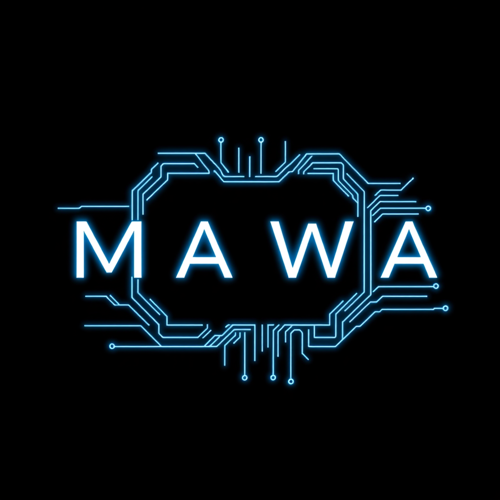 4k Professional Digital Ai Compute Circuit Text In Solid White That Says "MAWA" On Solid Black Background